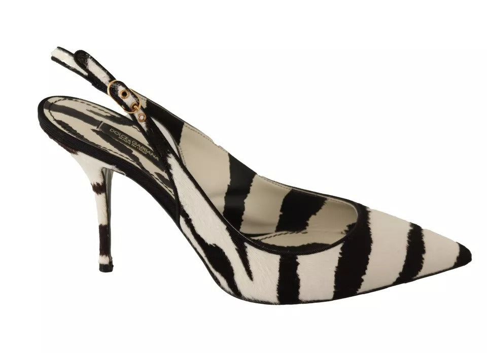 Black White Zebra Leather Heels Slingback Shoes