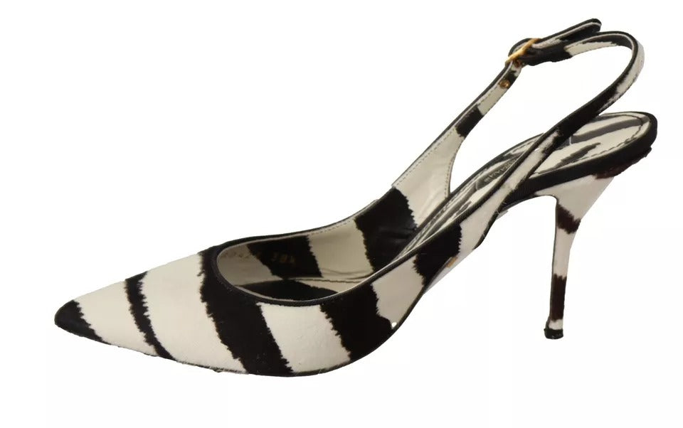 Black White Zebra Leather Heels Slingback Shoes