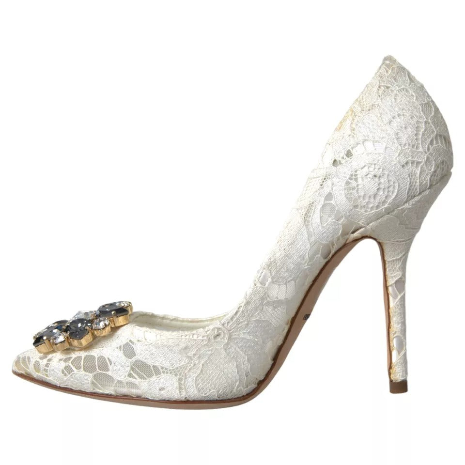 White Taormina Lace Crystal Heel Pumps Shoes