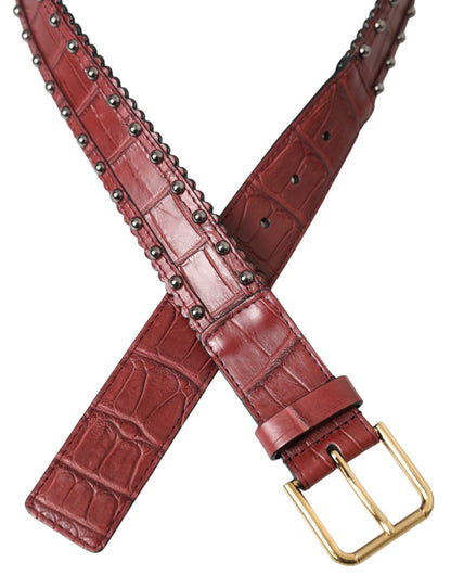 Brown Alligator Leather Studded Metal Buckle Belt