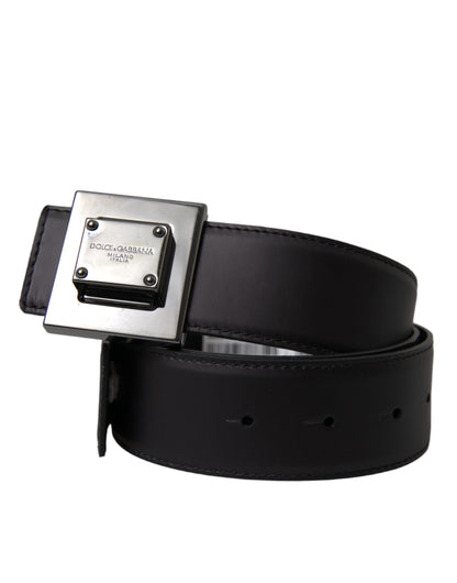 Black Calf Leather Square Metal Buckle Belt