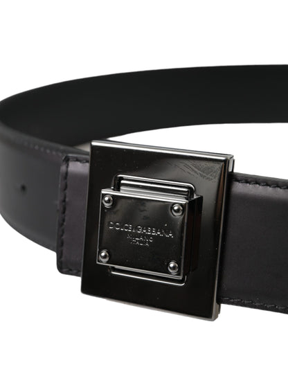 Black Calf Leather Square Metal Buckle Belt