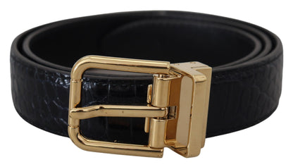 Black Exotic Leather Gold Metal Buckle Belt