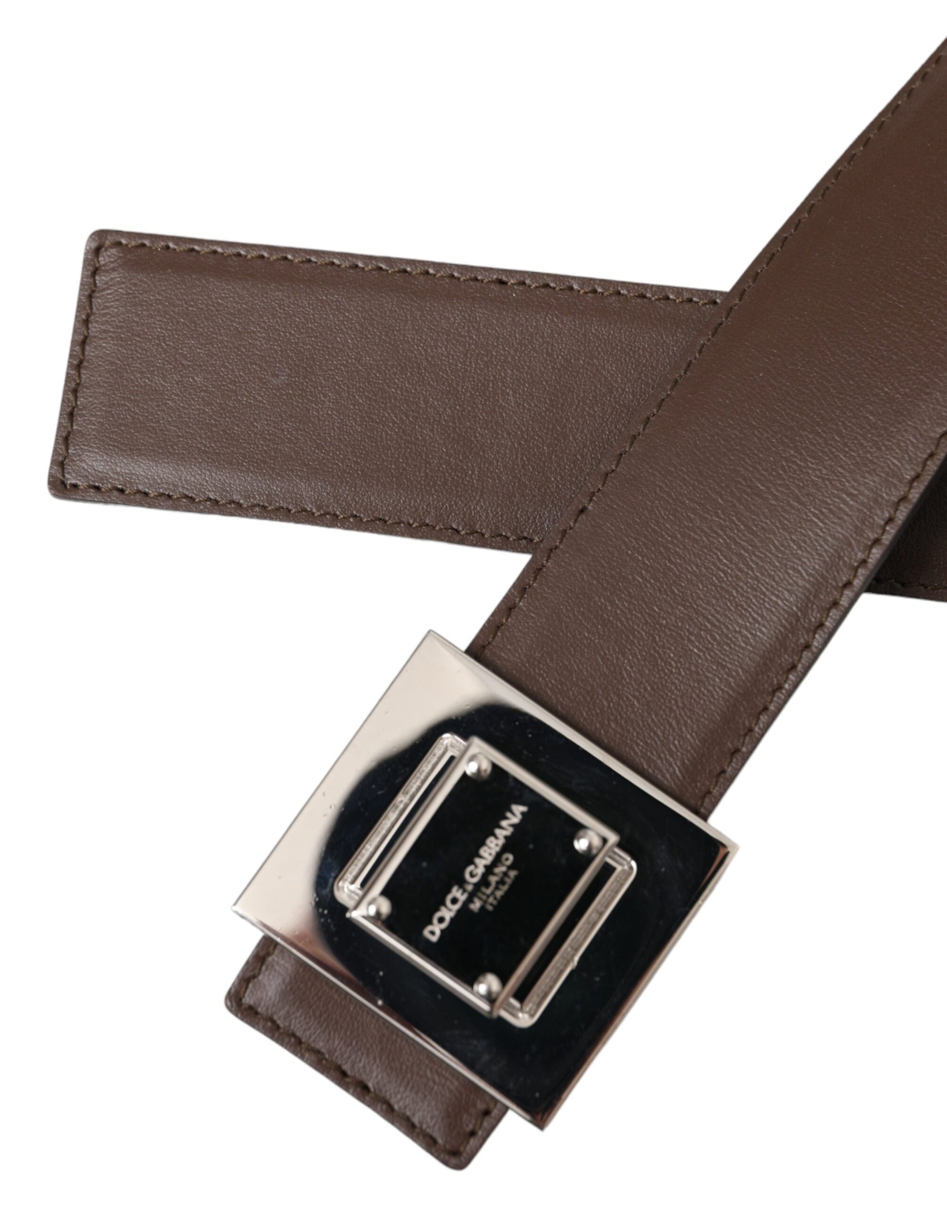 Brown Calf Leather Square Metal Buckle Belt