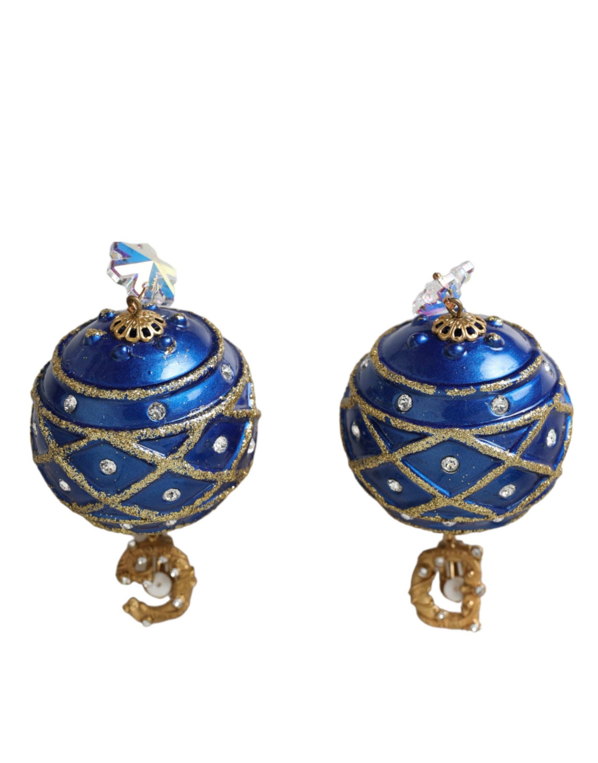 Gold Brass Blue Dangle Christmas Ball Crystal Clip On Earrings