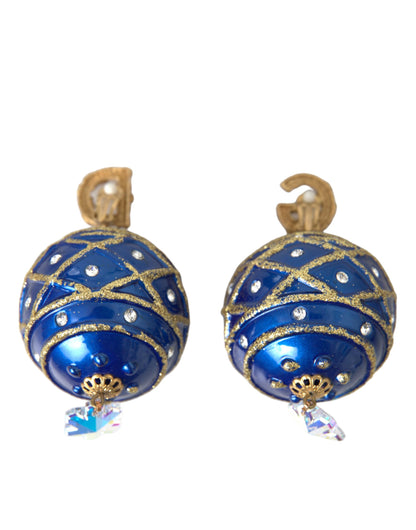 Gold Brass Blue Dangle Christmas Ball Crystal Clip On Earrings