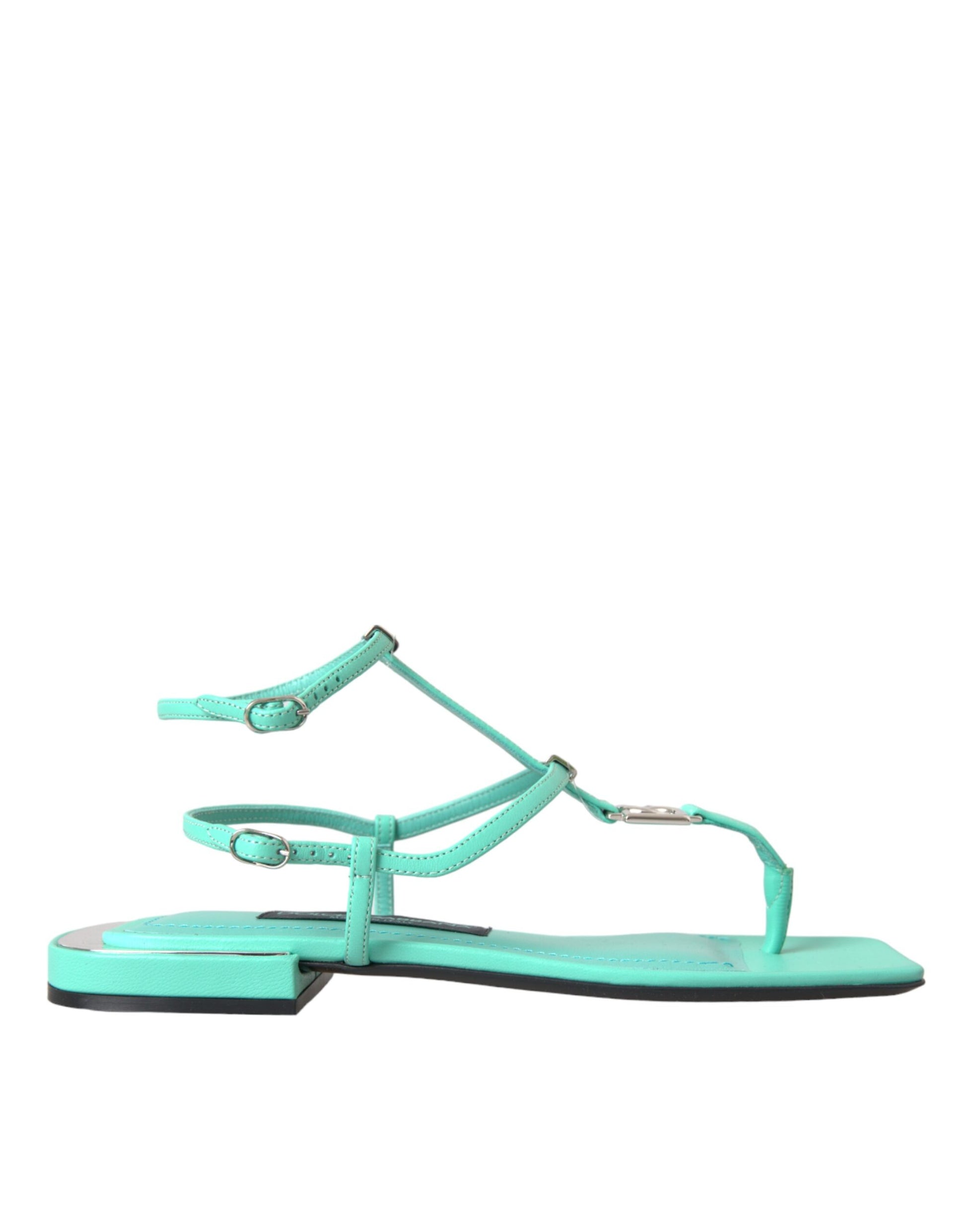 Aqua Green Leather Ankle Strap Flats Sandals Shoes