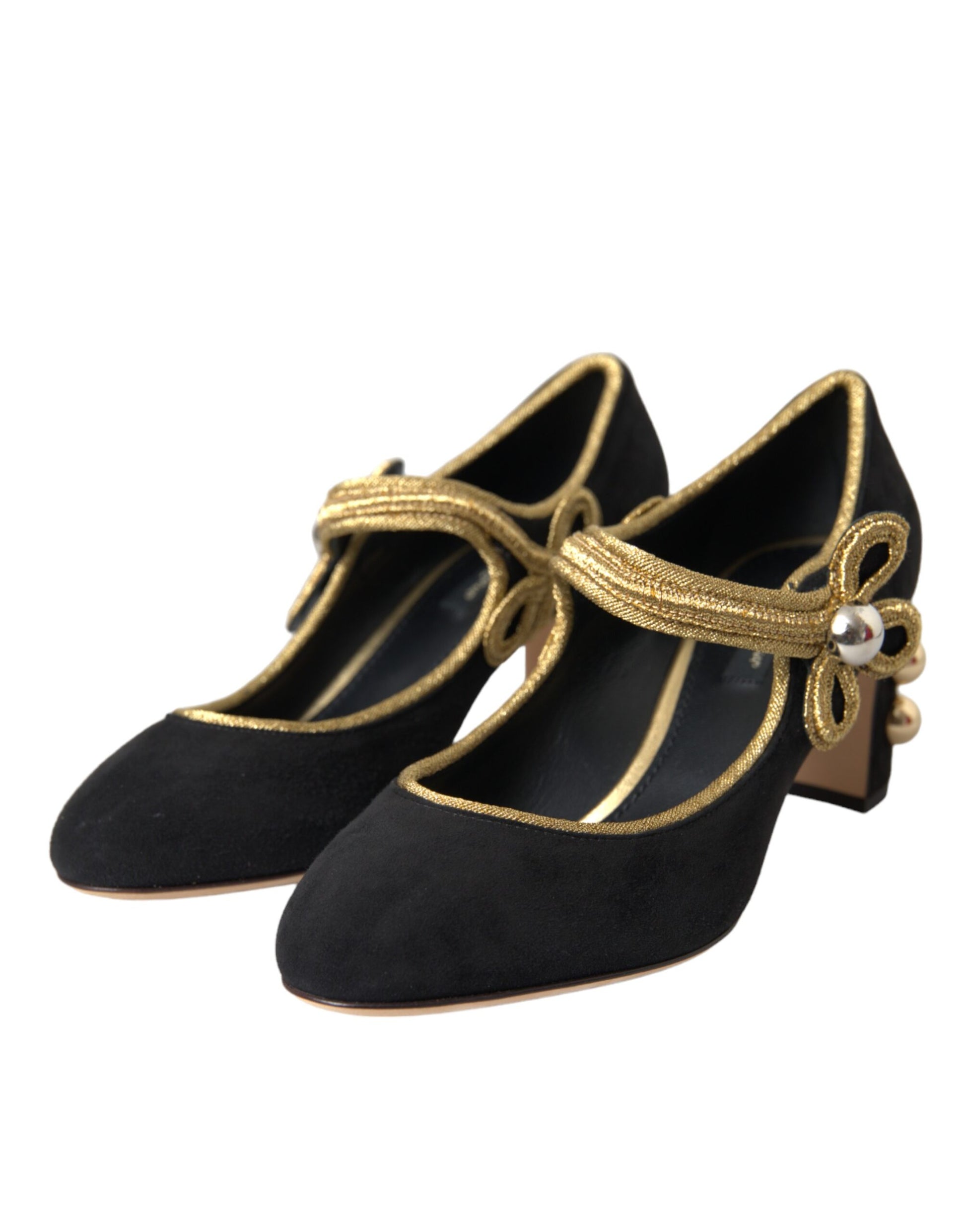 Black Suede Gold Mary Janes Heels Pumps Shoes