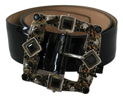 Black Shiny Leather Crystal Logo Buckle Belt