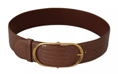 Brown Wide Waist Leather Gold Oval Metal Buckle Belt