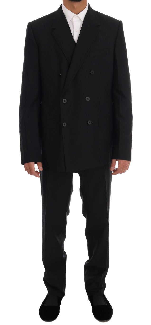 Elegant Black Wool Three-Piece Suit