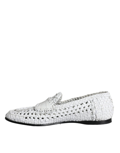 White Woven Leather Slip On Loafers Men Shoes