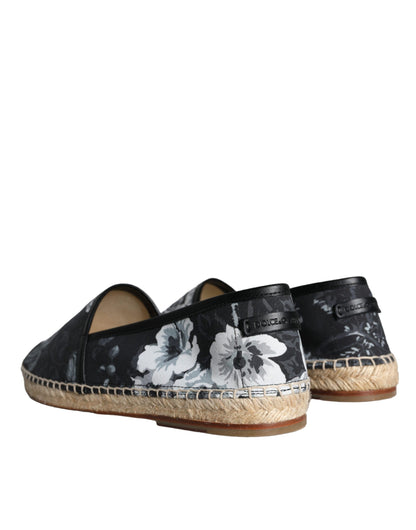 Black Floral Cotton Leather Espadrilles Shoes