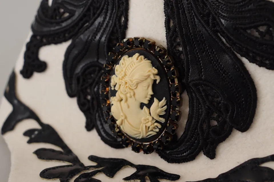 White Black Wool Embroidered Cameo Brooch Hat