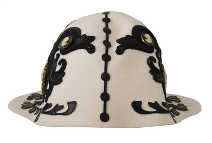 White Black Wool Embroidered Cameo Brooch Hat