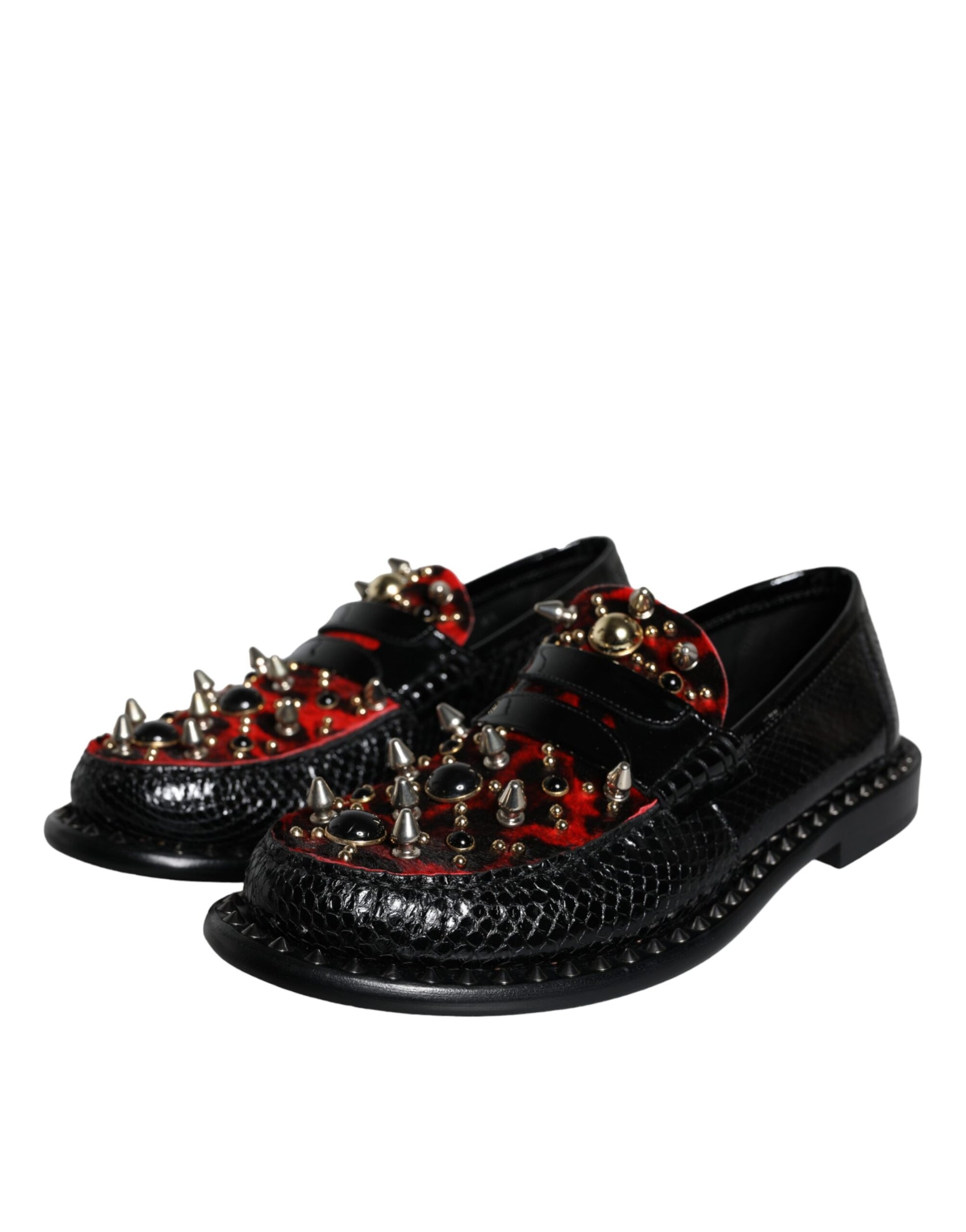 Black Leopard Print Studs Leather Loafers Shoes