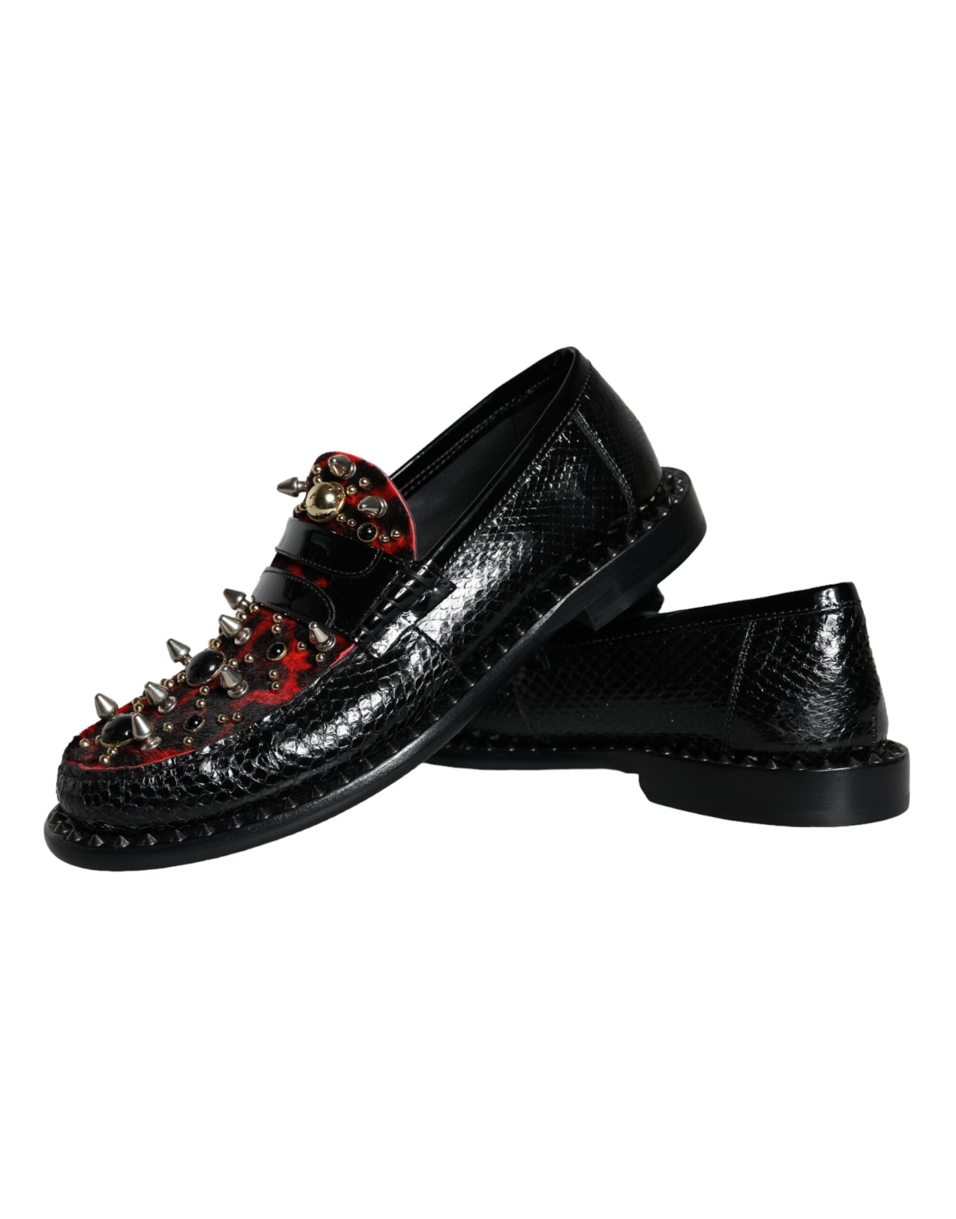 Black Leopard Print Studs Leather Loafers Shoes