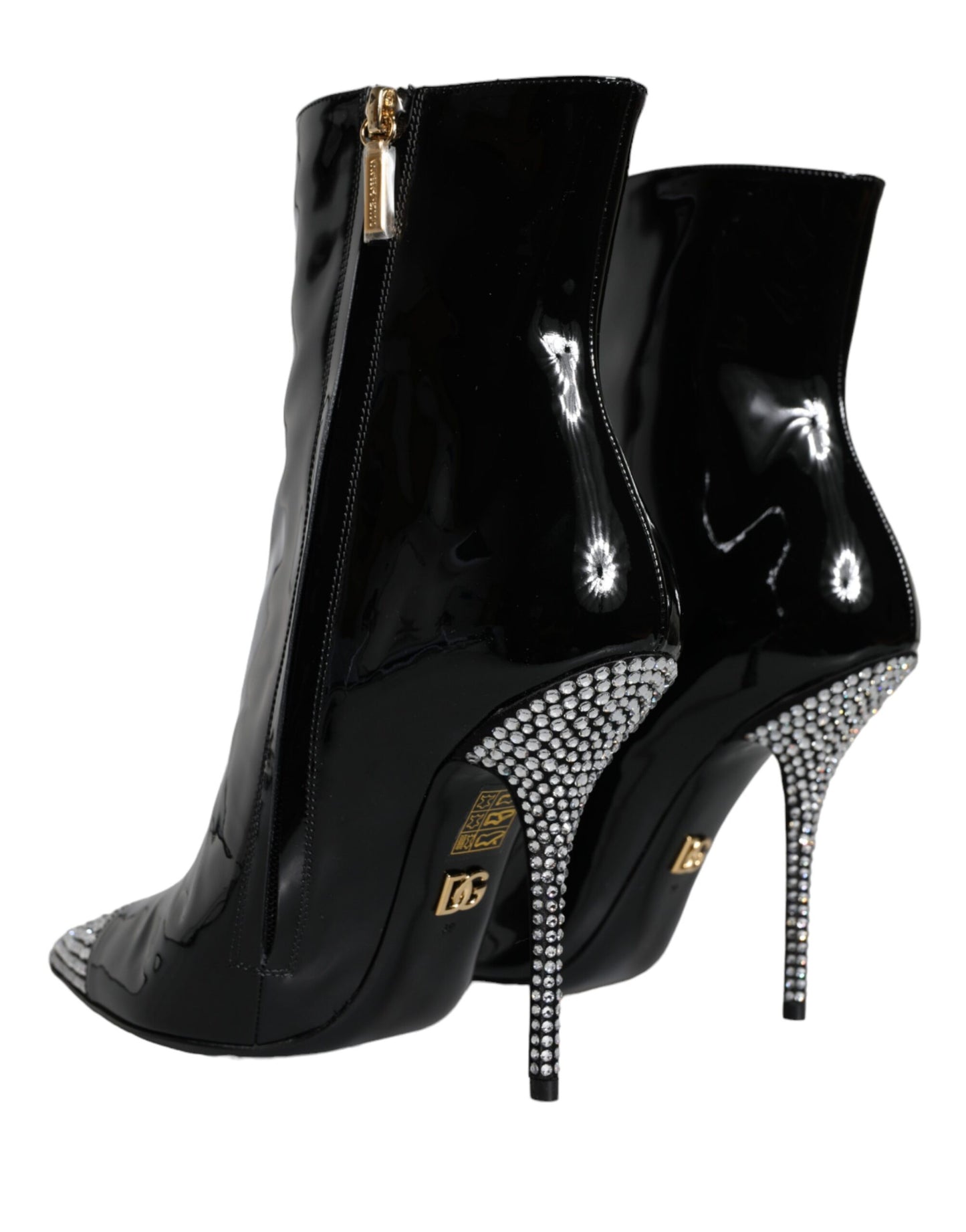 Black Patent Leather Crystal Heel Boots Shoes