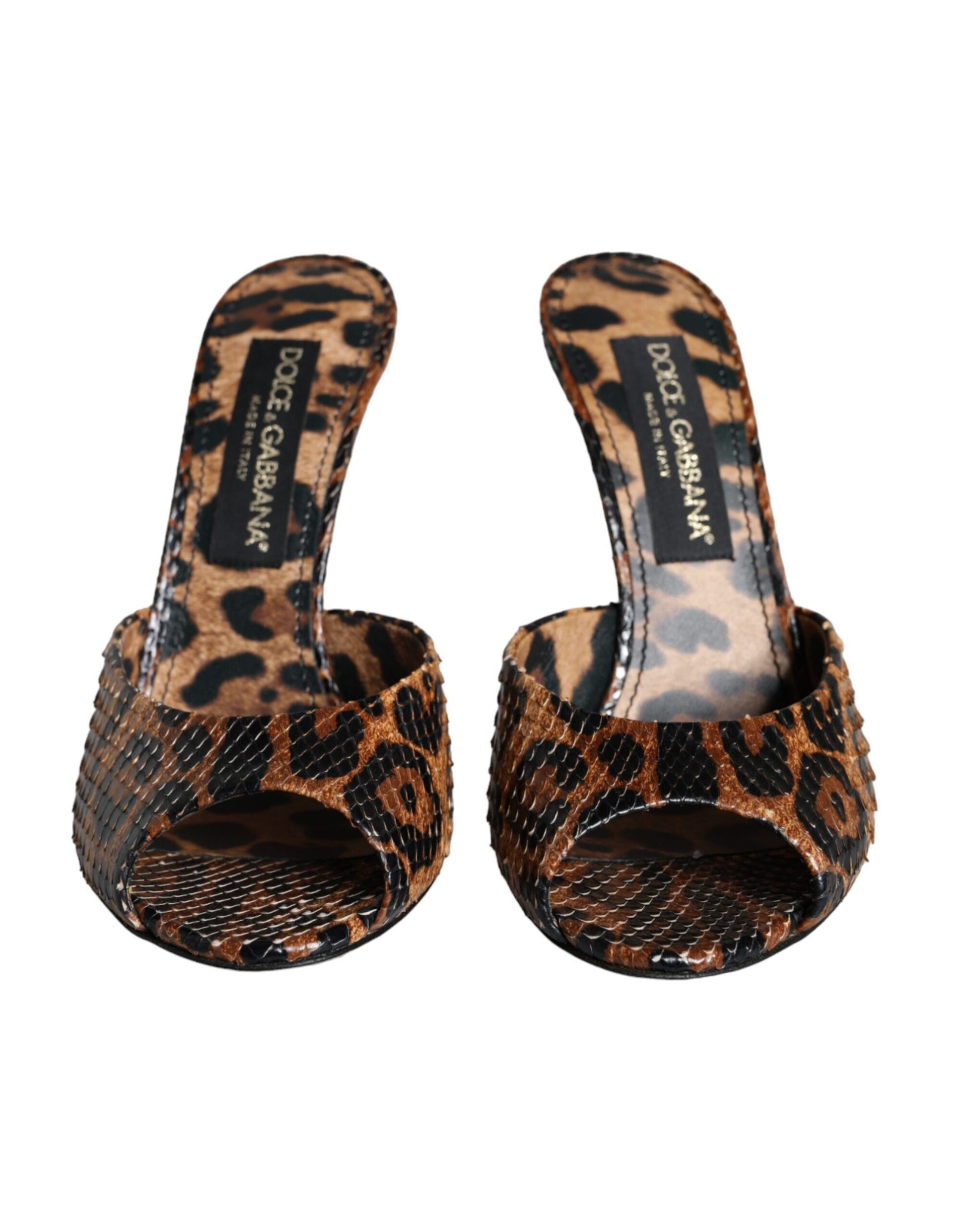 Brown Leopard Leather Slides Heels Sandals Shoes