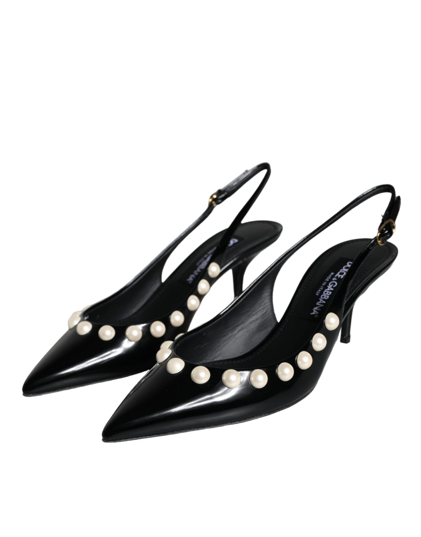 Black Leather Faux Pearl Heel Slingback Shoes