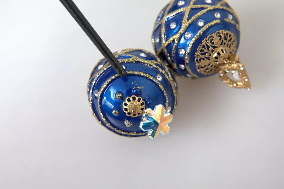 Gold Brass Blue Dangle Christmas Ball Crystal Clip On Earrings