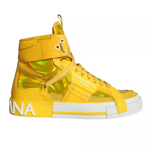 Yellow White Leather High Top Sneakers Shoes