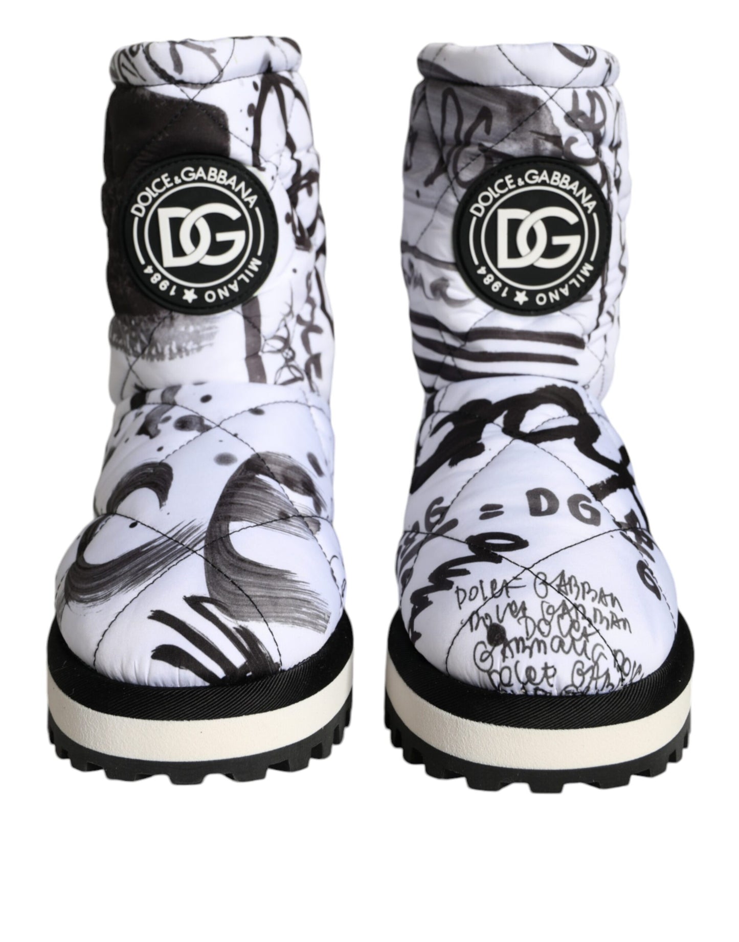 White Padded Logo Print Mid Calf Boots Shoes