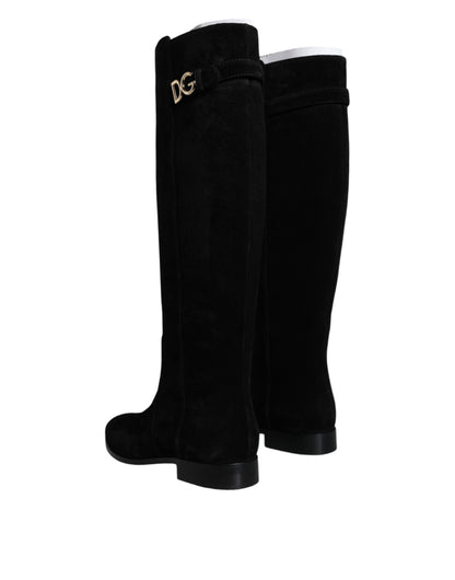 Black Suede Leather Knee High Boots Shoes