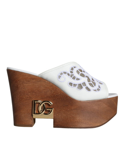 White Leather Wood Mules Wedge Slides Shoes