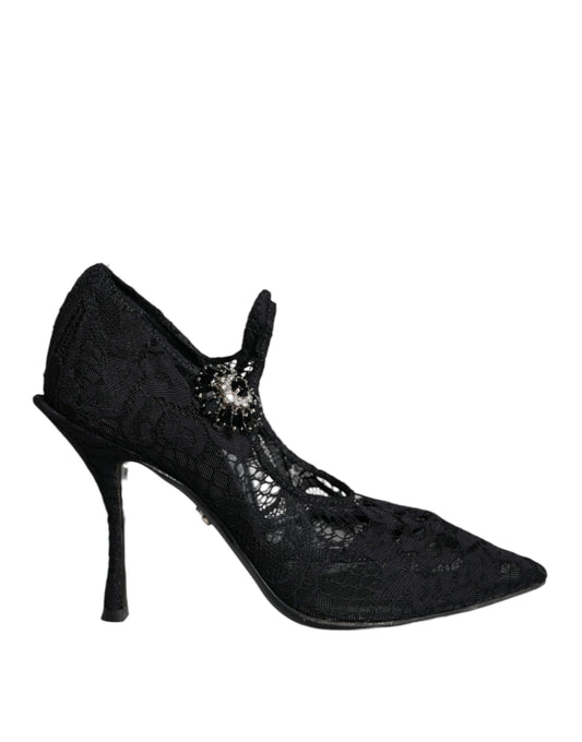 Black Mary Jane Pumps Lace Crystals Heels Shoes