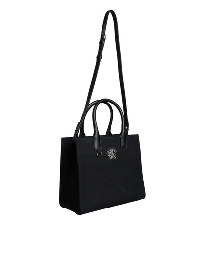 Black Top Handle Canvas Leather Logo Crossbody Tote Bag