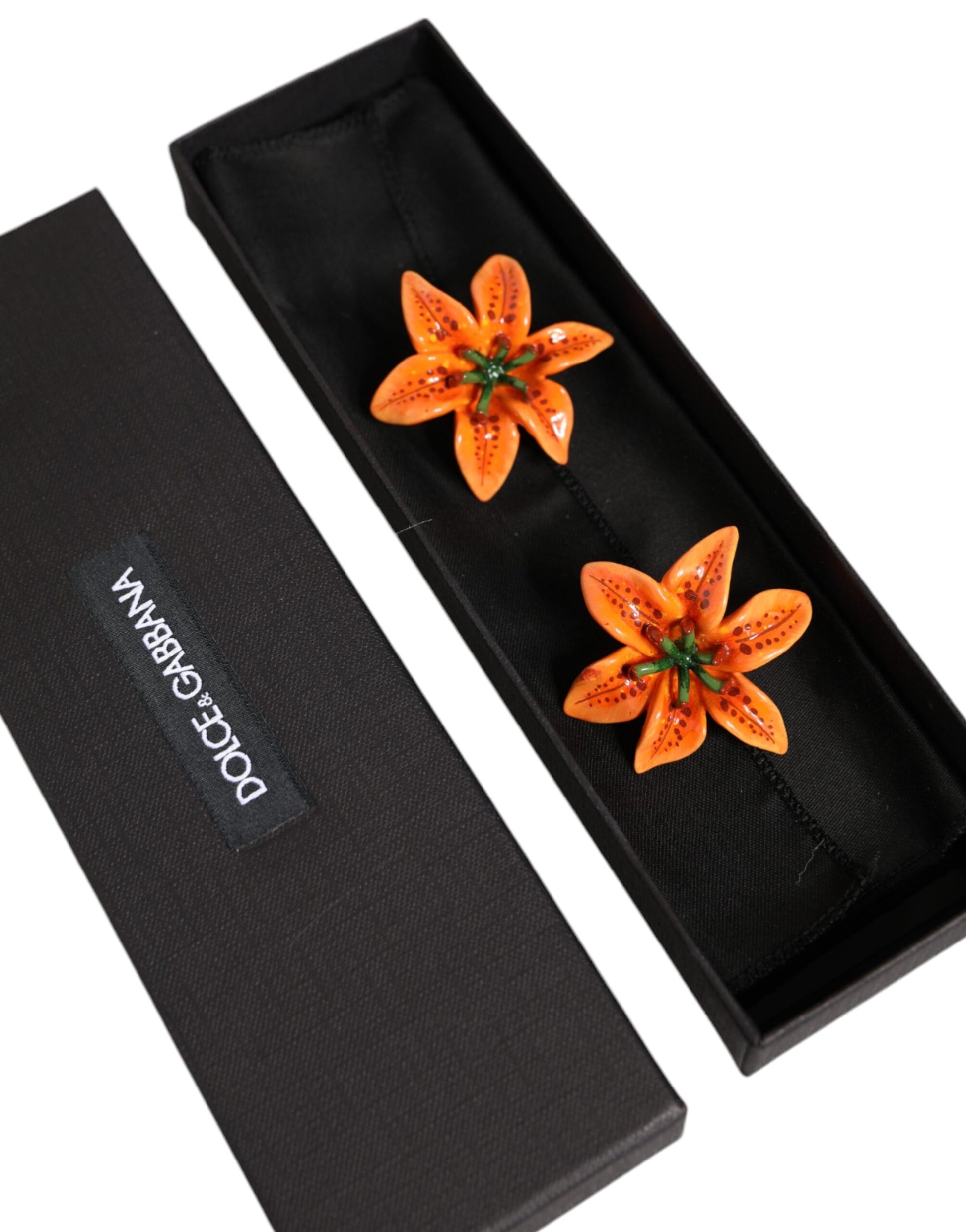 Orange Green Gold Brass Lily Flower Clip Floral Earrings