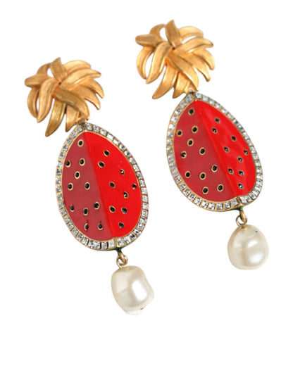 Red Watermelon Gold Brass Crystal Clip Dangling Earrings