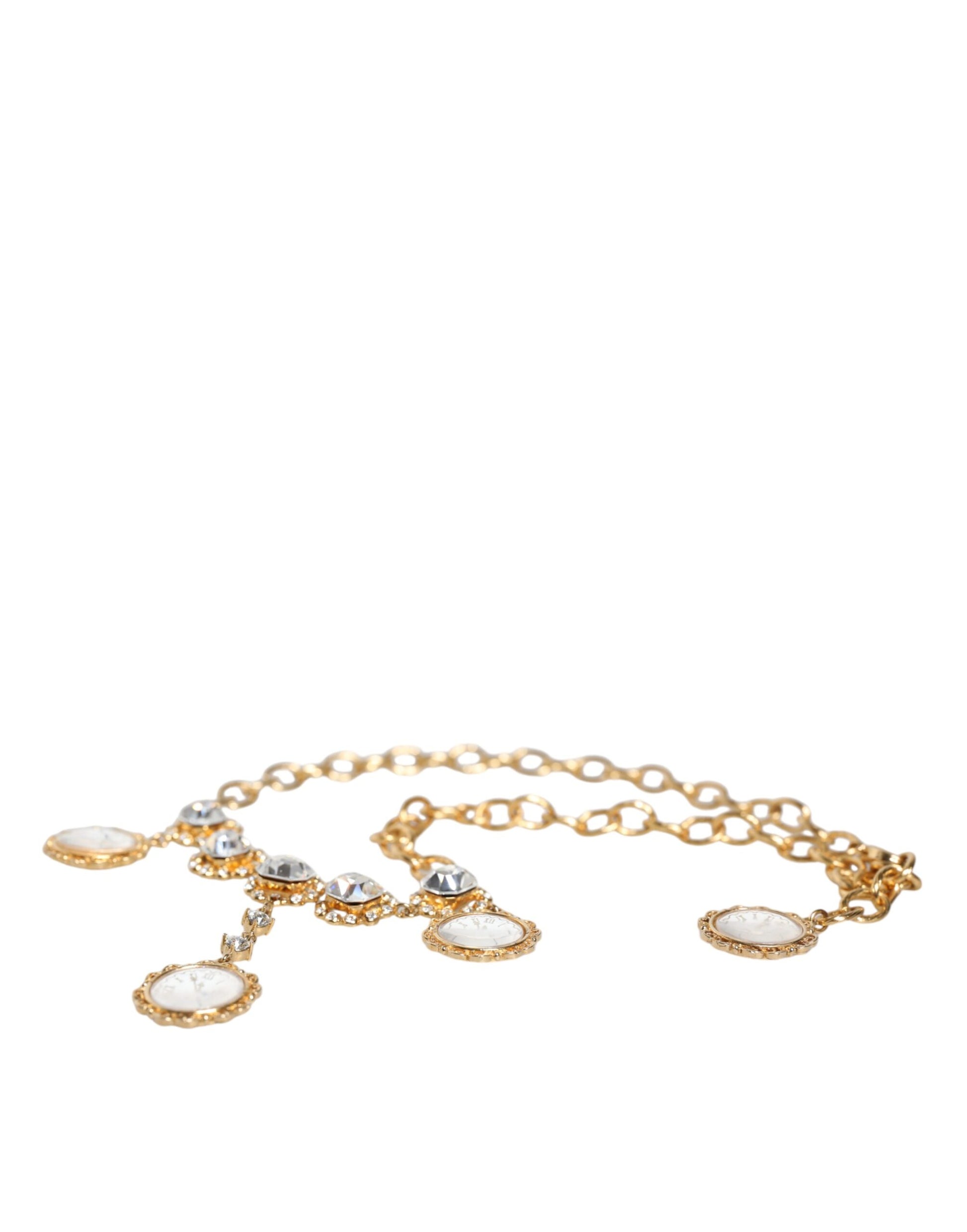 Gold Chain Brass Crystal Clock Statement Necklace