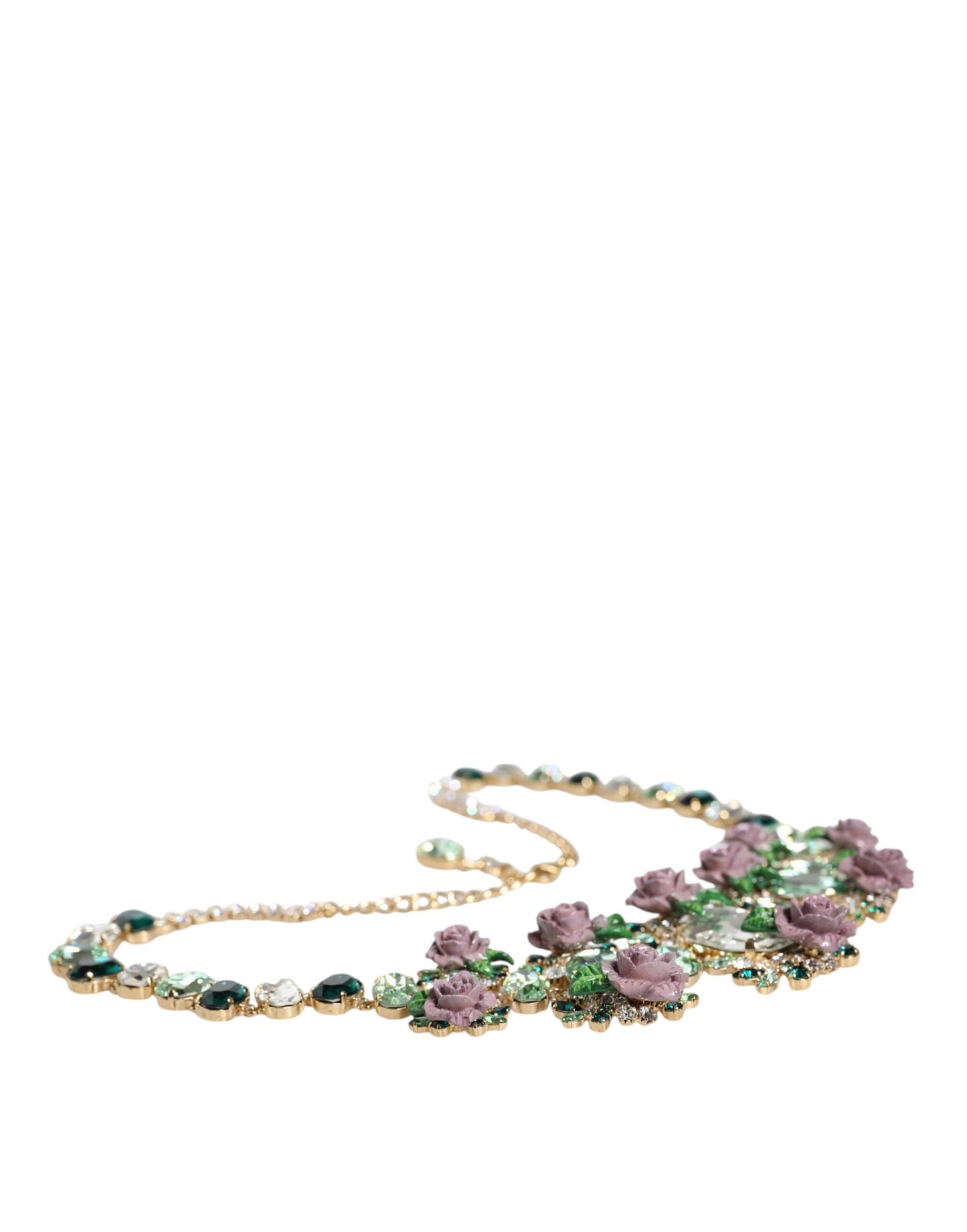 Gold Brass Link Chain Rose Petal Crystal Embellished Necklace