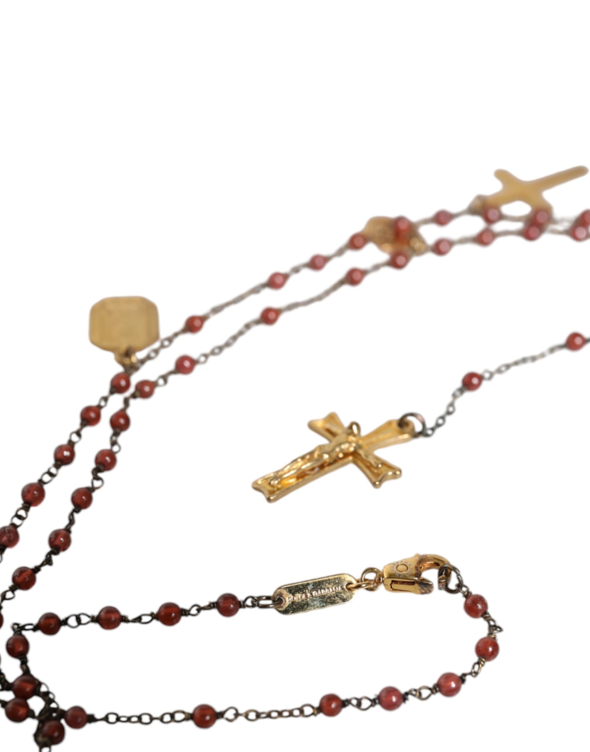 Gold Chain Brass Beaded Rosary Cross Pendant Necklace