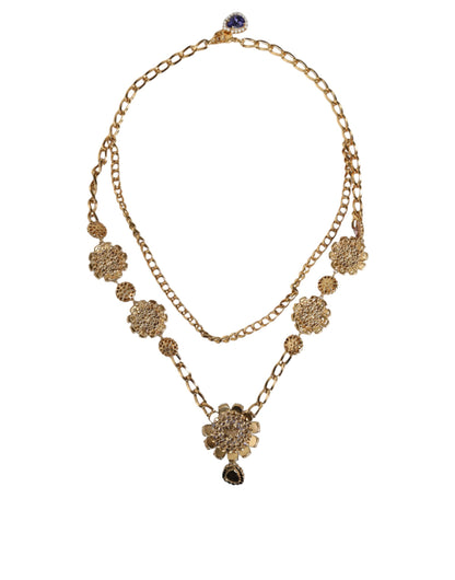 Gold Tone Floral Crystals Embellished Layered Necklace