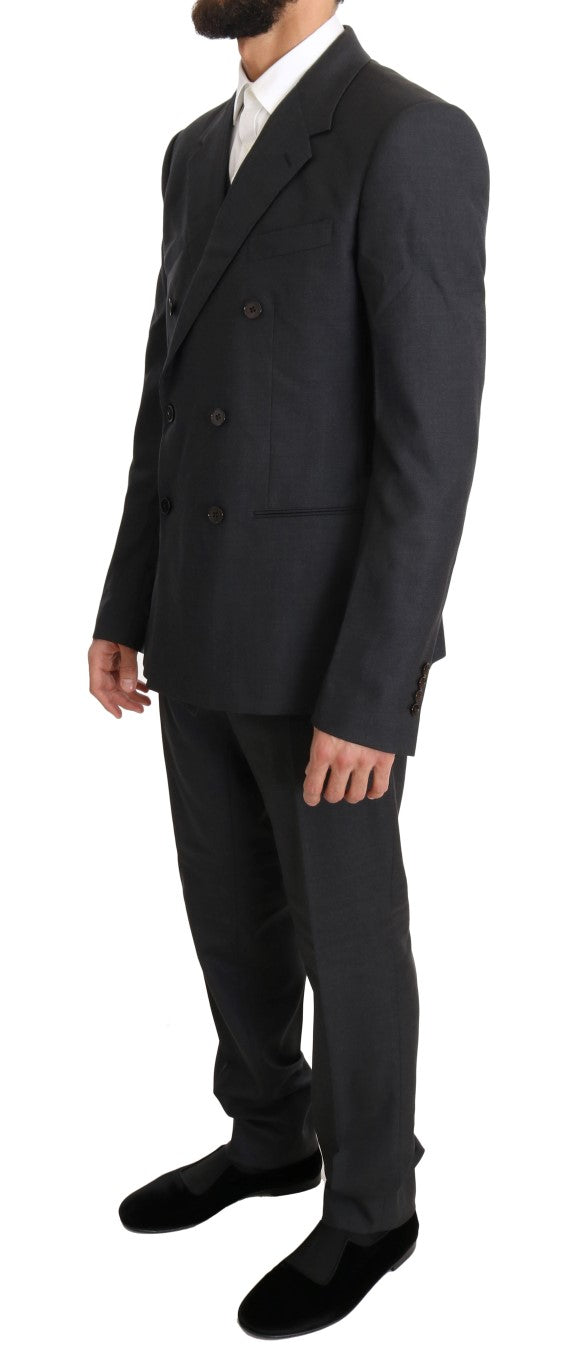 Elegant Gray Double Breasted Wool Silk Suit