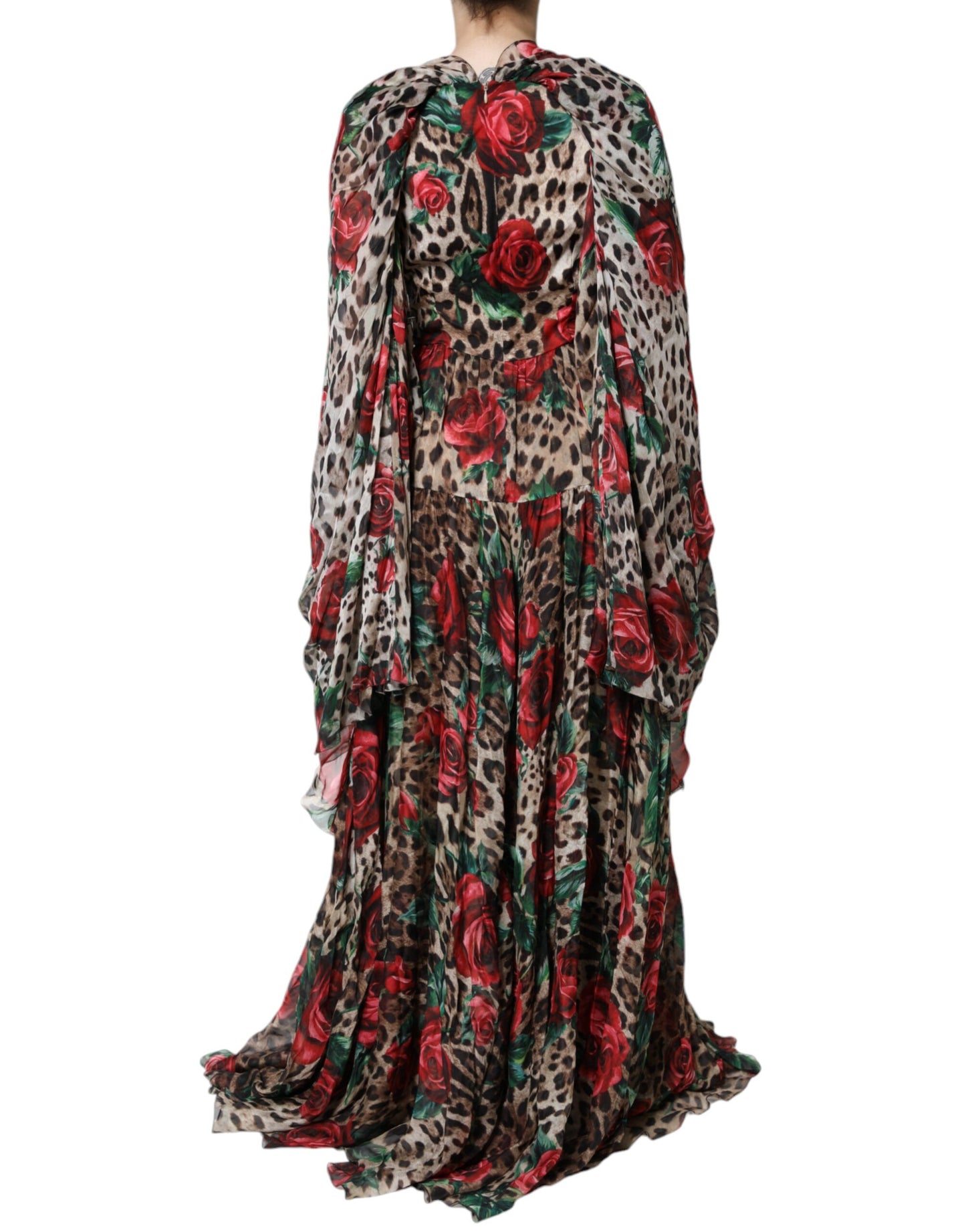 Brown Leopard Red Roses Silk Long Gown Dress