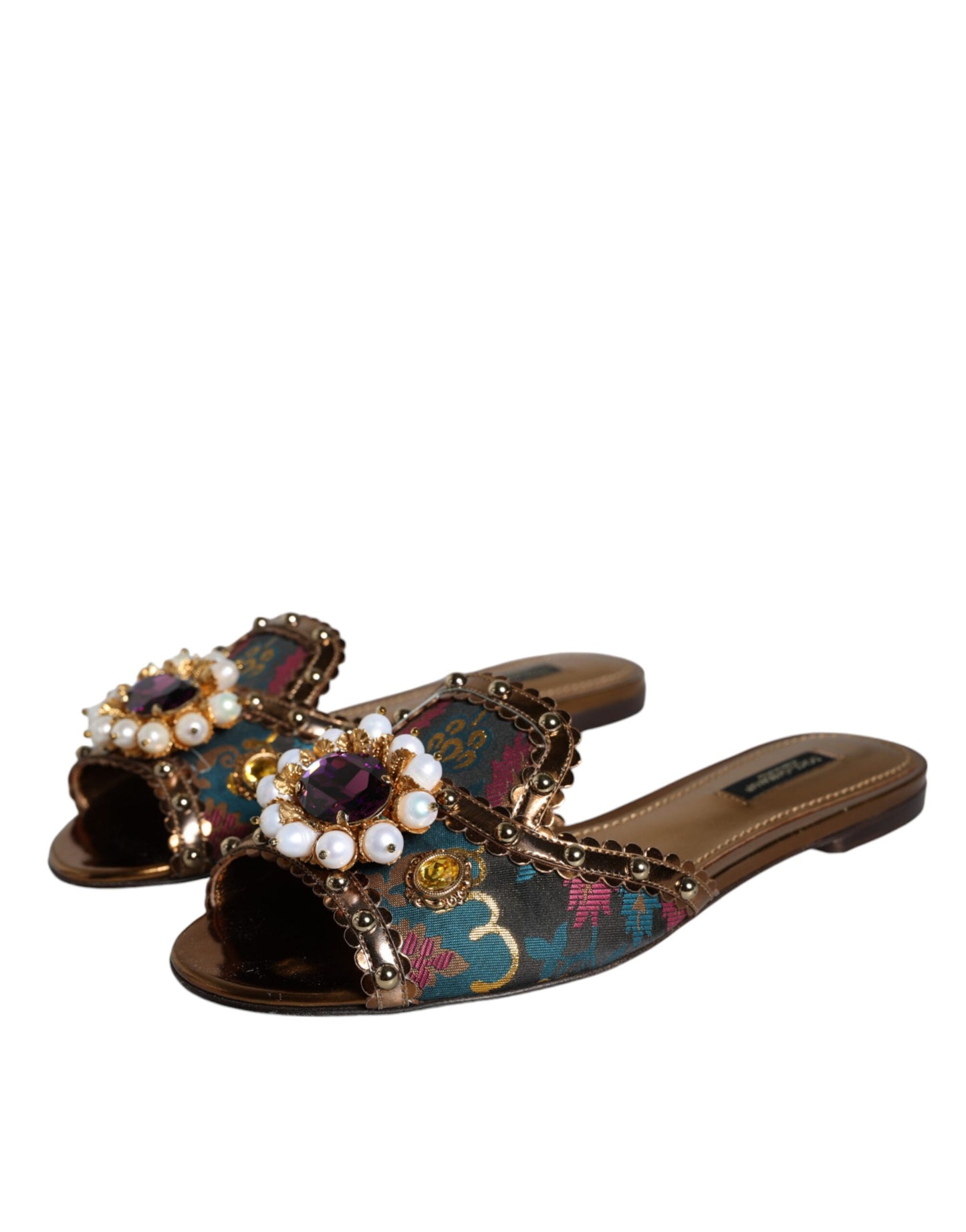 Multicolor Jacquard Embellished Slides Flats Shoes