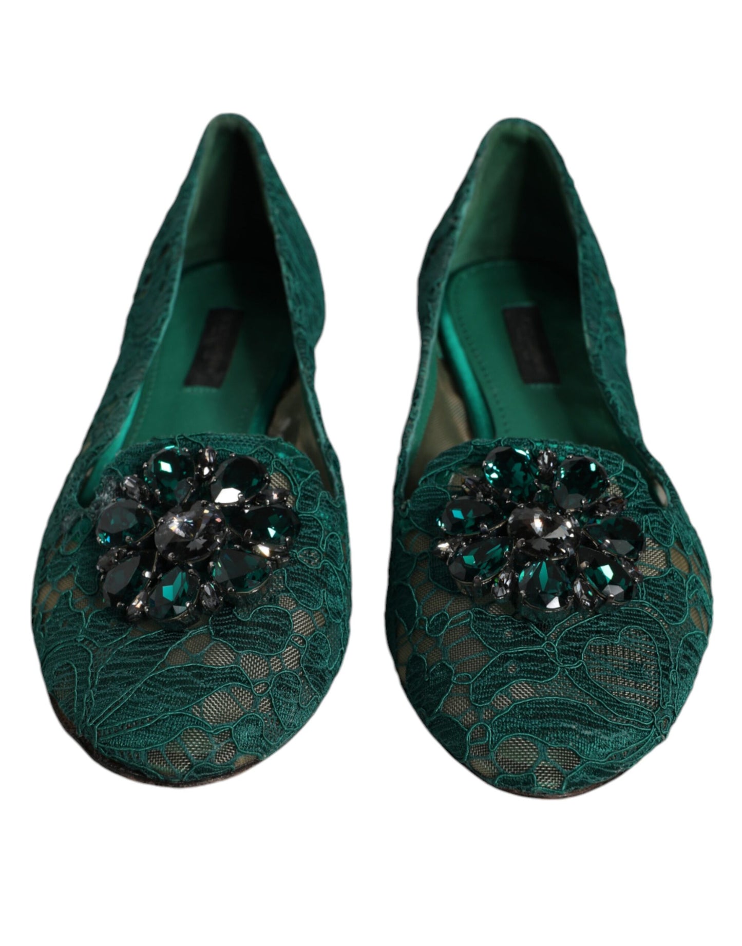 Green Lace Crystal Ballet Flats Loafers Shoes