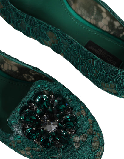 Green Lace Crystal Ballet Flats Loafers Shoes