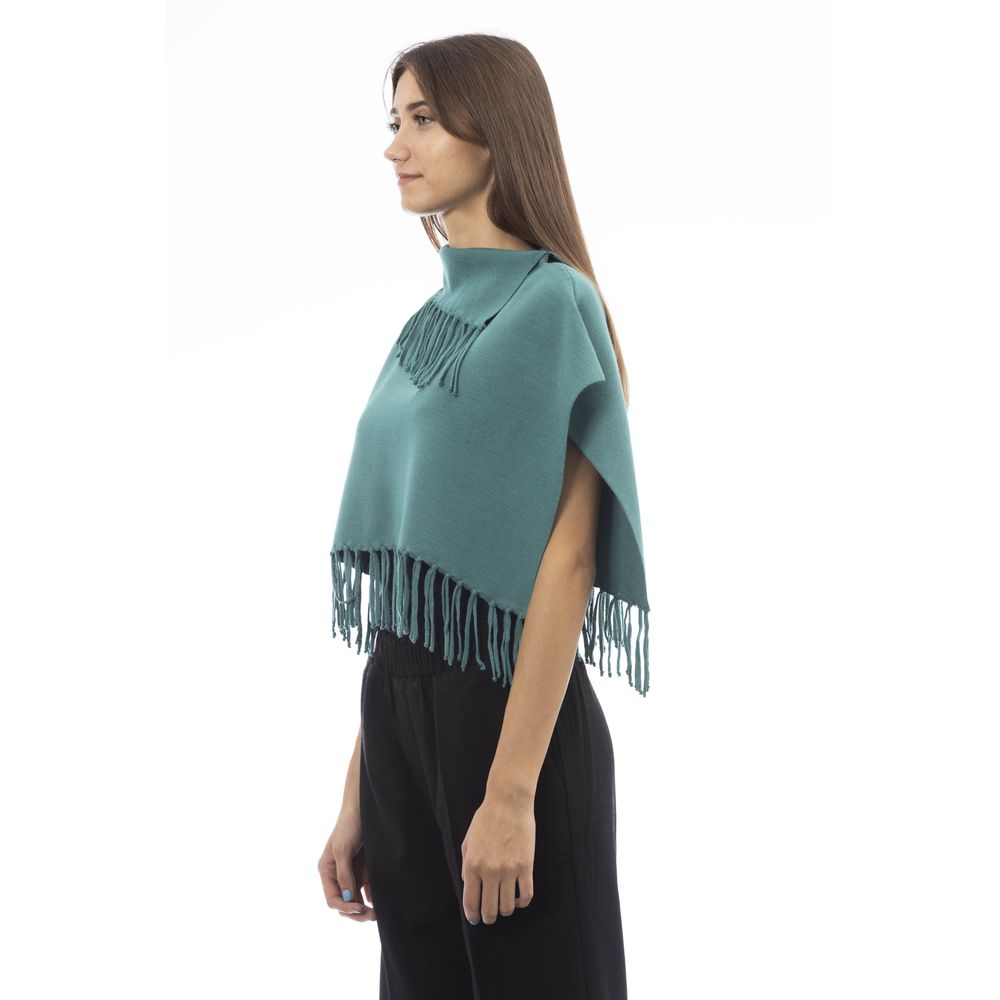 Green Wool Women Poncho with Fringes
