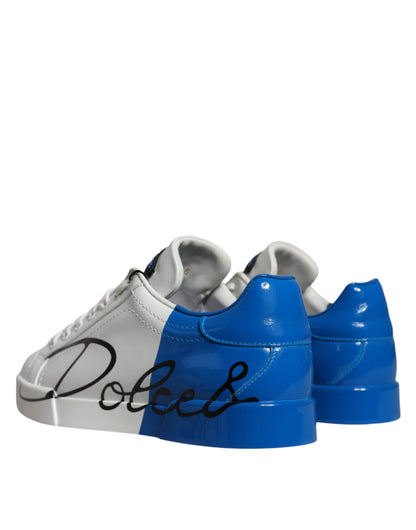 White Blue Leather Logo Low Top Sneakers Shoes