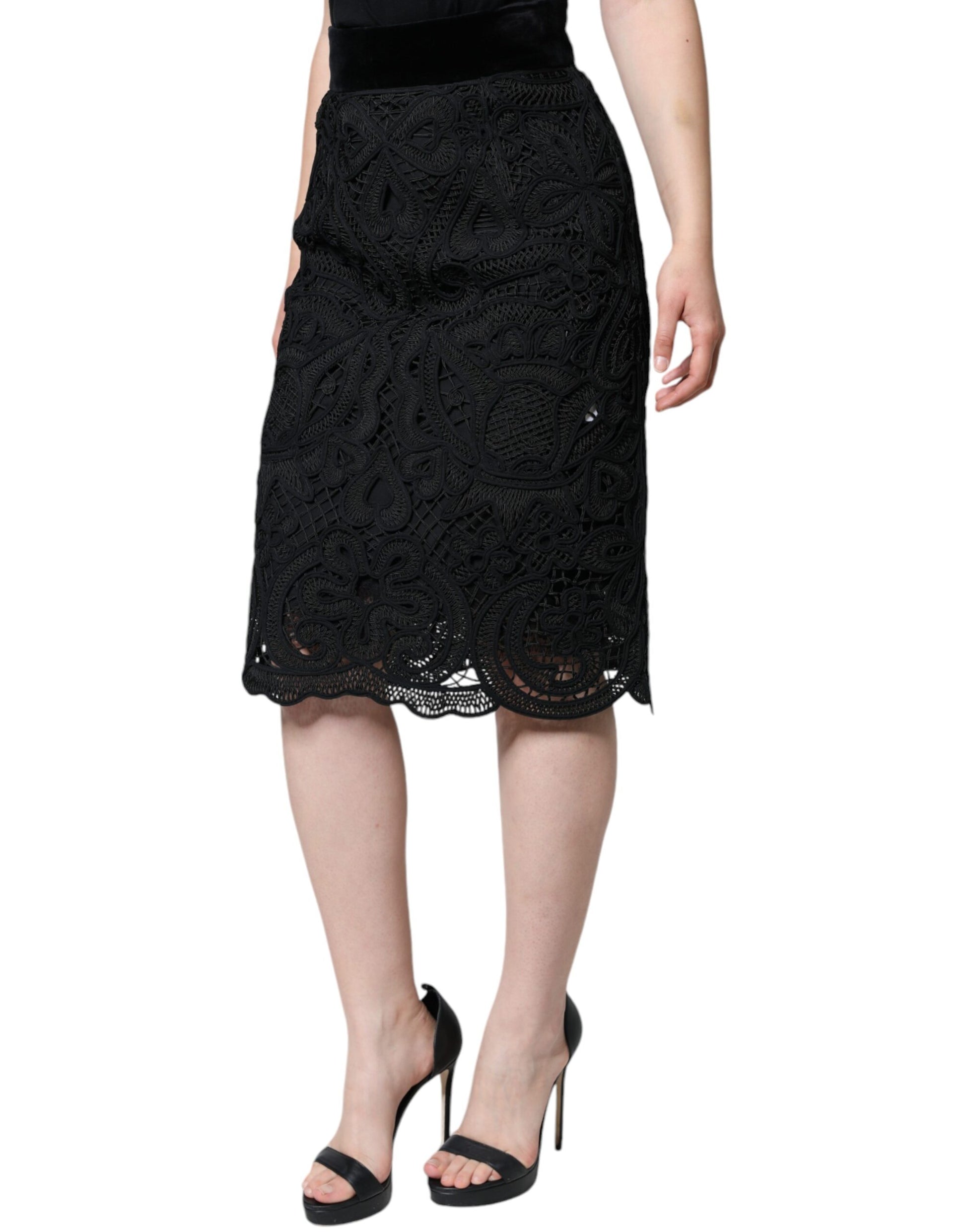 Black Floral Lace HighWaist Pencil Cut Skirt