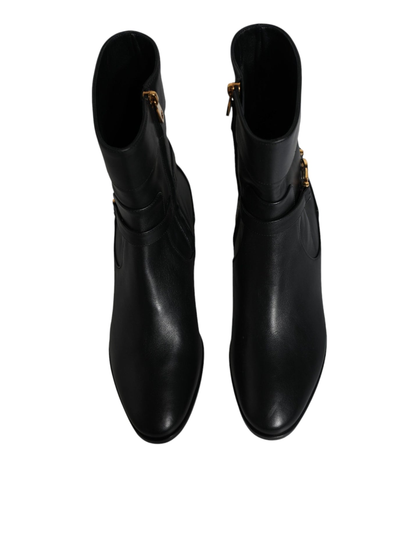 Black Leather Logo Mid Calf Boots Shoes