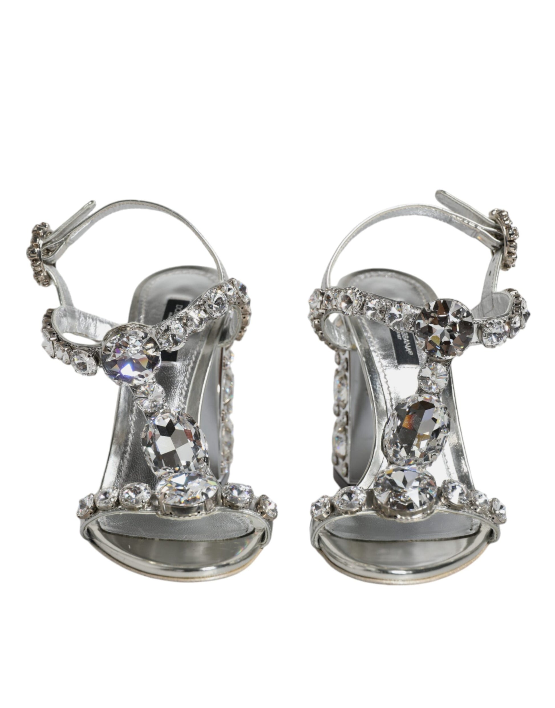 Silver Leather T-strap Crystal Sandals Shoes