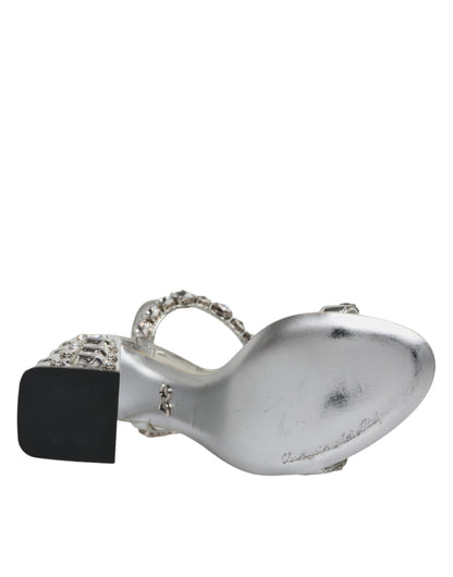 Silver Leather T-strap Crystal Sandals Shoes