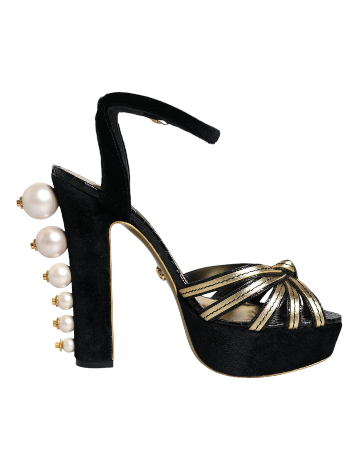 Black Leather Faux Pearl Heel Sandals Shoes