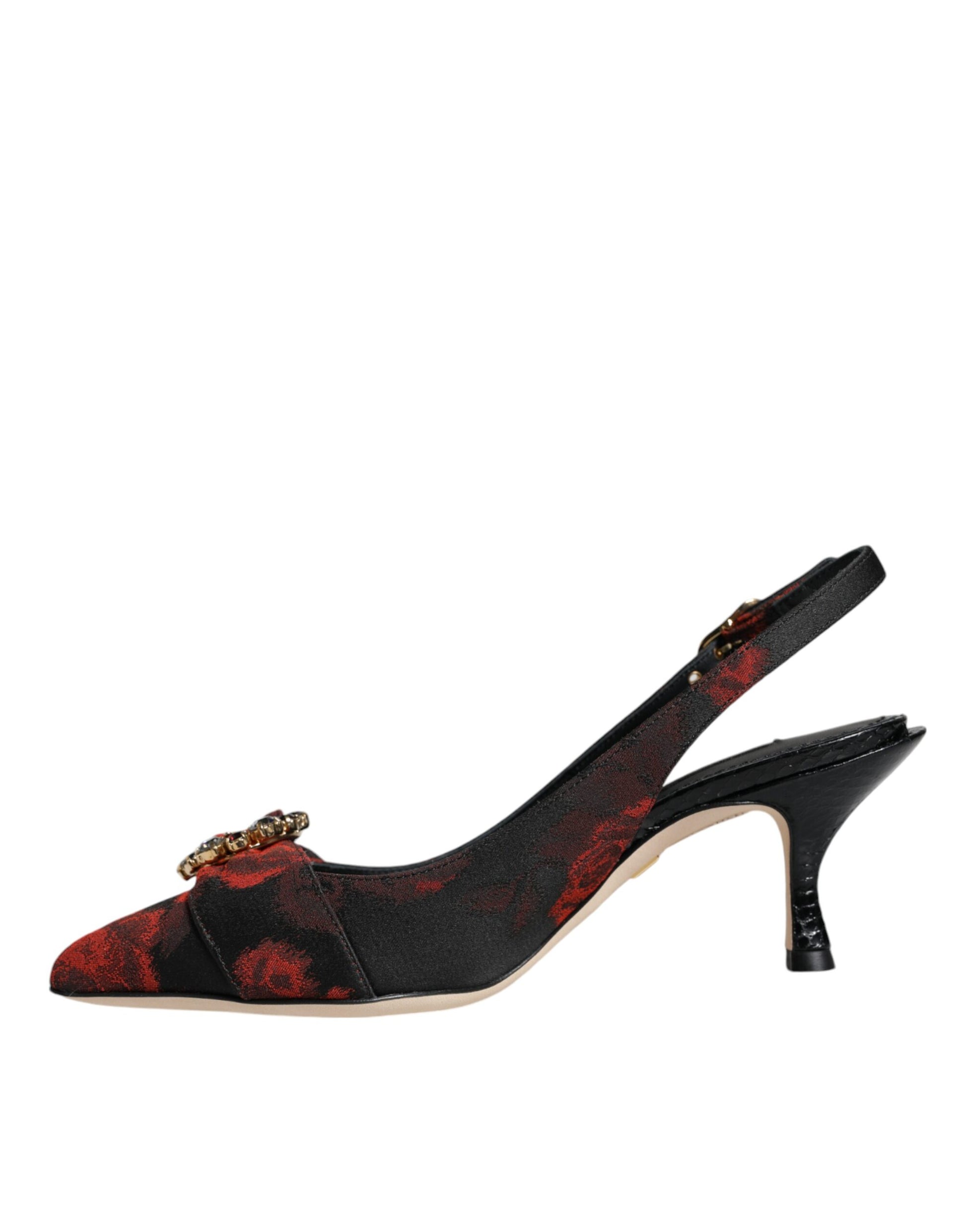 Black Red Floral Crystal Heel Slingback Shoes